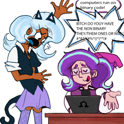 Size: 1500x1500 | Tagged: safe, artist:amendokat, imported from derpibooru, starlight glimmer, trixie, human, cat ears, cat tail, clothes, comic, computer, dark skin, desk, dialogue, duo, female, gender, glasses, humanized, jacket, laptop computer, lesbian, nonbinary, pronouns, shipping, simple background, skirt, startrix, tail, talking, text, white background
