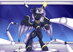 Size: 3500x2500 | Tagged: safe, artist:shadowreindeer, imported from derpibooru, oc, oc:quantum flash, alicorn, pony, robot, robot pony, bipedal, commission, solo