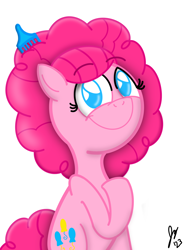 Size: 1620x2160 | Tagged: safe, artist:jesslmc16, imported from derpibooru, pinkie pie, earth pony, pony, afro, alternate hairstyle, comb, digital art, digital drawing, female, hairstyle, looking at you, mare, simple background, sitting, smiling, smiling at you, solo, toy, white background