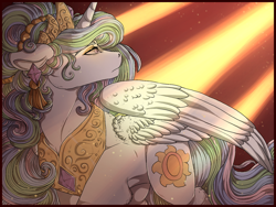 Size: 1280x960 | Tagged: safe, artist:binibean, imported from derpibooru, princess celestia, alicorn, pony, alternate hairstyle, crepuscular rays, ear fluff, ear piercing, earring, ears back, female, jewelry, looking up, mare, partially open wings, piercing, solo, turned head, wings