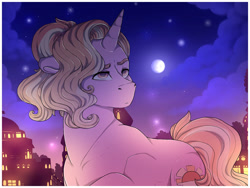 Size: 1280x960 | Tagged: safe, artist:binibean, imported from derpibooru, luster dawn, pony, unicorn, city, female, floppy ears, full moon, mare, moon, night, solo, stars