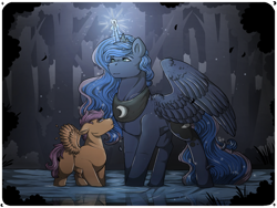 Size: 1280x960 | Tagged: safe, artist:binibean, imported from derpibooru, princess luna, scootaloo, alicorn, pegasus, pony, sleepless in ponyville, blank flank, duo, female, filly, foal, forest, glowing, glowing horn, height difference, horn, legs in the water, looking up, mare, partially open wings, partially submerged, smiling, spread wings, wings