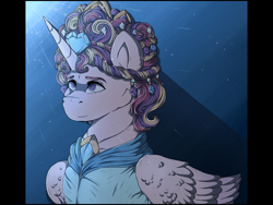 Size: 1280x960 | Tagged: safe, artist:binibean, imported from derpibooru, princess cadance, alicorn, pony, alternate hairstyle, ceremonial headdress, clothes, dress, female, mare, smiling, solo