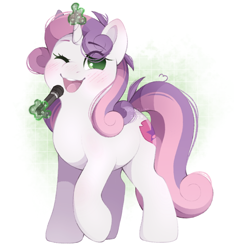 Size: 1826x1952 | Tagged: safe, artist:adostume, imported from derpibooru, sweetie belle, pony, unicorn, blushing, curly hair, cute, diasweetes, ear blush, eyebrows, female, high res, horn, levitation, long hair, long mane, magic, mare, microphone, one eye closed, open mouth, open smile, raised hoof, simple background, singing, smiling, solo, standing, telekinesis, wink