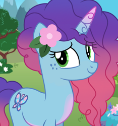 Size: 1080x1156 | Tagged: safe, artist:cstrawberrymilk, imported from derpibooru, pony, unicorn, alternate hair color, alternate hairstyle, cute, fake cutie mark, female, flower, flower in hair, freckles, g4, g5, g5 to g4, generation leap, mare, misty brightdawn, mistybetes, smiling, solo