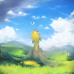 Size: 4000x4000 | Tagged: safe, artist:anticular, imported from derpibooru, derpy hooves, pegasus, pony, back, bubble, cloud, female, looking up, mare, mountain, solo