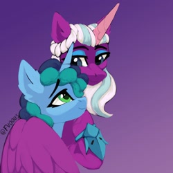 Size: 2000x2000 | Tagged: safe, artist:fv0003, imported from derpibooru, opaline arcana, alicorn, pony, unicorn, bracelet, bust, duo, duo female, eye contact, eyebrows, eyebrows visible through hair, eyeshadow, female, g5, gradient background, high res, hoof on chest, hug, jewelry, looking at each other, looking at someone, makeup, mama opaline, mare, misty brightdawn, nicealine, raised hoof, signature, smiling, smiling at each other, winghug, wings