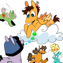 Size: 1280x1280 | Tagged: safe, artist:jiang-she, imported from derpibooru, earth pony, pegasus, pony, unicorn, benrey, cloud, dr bubbly, dr coomer, gordon freeman, half-life, hat, helmet, hlvrai, propeller hat, simple background, thought bubble, tommy coolatta, white background