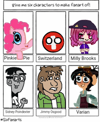 Size: 320x391 | Tagged: safe, artist:theautisticrebel, imported from derpibooru, pinkie pie, earth pony, ghost, human, undead, six fanarts, bandage, bowtie, bucktooth, cap, cowlick, danny phantom, exclamation point, female, glasses, goggles, goggles on head, hat, jimmy osgood, kleki, male, mare, milly brooks, plaid, polandball, sidney poindexter, static shock, switzerland, tangled (disney), tangled: the series, the music freaks, varian