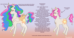 Size: 1280x656 | Tagged: safe, artist:jiang-she, imported from derpibooru, princess celestia, alicorn, pony, unicorn, alternate design, alternate versions at source, dyed mane, dyed tail, gradient background, leonine tail, multicolored hair, redesign, tail, text, young celestia