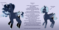 Size: 1280x656 | Tagged: safe, artist:jiang-she, imported from derpibooru, princess luna, alicorn, pegasus, pony, alternate design, alternate versions at source, gradient background, redesign, text, wavy mane, young luna