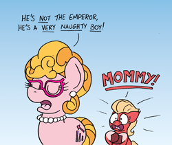 Size: 1806x1524 | Tagged: safe, artist:bobthedalek, imported from derpibooru, sprout cloverleaf, earth pony, pony, spoiler:g5, duo, emanata, eyes closed, female, g5, glasses, gradient background, jewelry, male, mare, mommy, monty python, monty python's life of brian, mother and child, mother and son, my little pony: a new generation, necklace, open mouth, parent and child, phyllis cloverleaf, stallion, sweat, sweatdrop, unshorn fetlocks