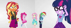Size: 1416x563 | Tagged: safe, composite screencap, edit, edited screencap, editor:incredibubbleirishguy, imported from derpibooru, screencap, fluttershy, pinkie pie, rainbow dash, sci-twi, sunset shimmer, twilight sparkle, equestria girls, equestria girls series, rollercoaster of friendship, annoyed, clothes, embarrassed, embarrassed grin, fluttershy boho dress, panorama, rageset shimmer, rah rah skirt, red face, skirt, white room