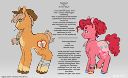Size: 1280x777 | Tagged: safe, artist:jiang-she, imported from derpibooru, applejack, pinkie pie, earth pony, pony, alternate cutie mark, bandage, bracelet, braid, braided ponytail, coat markings, cowboy hat, duo, freckles, gradient background, gray background, hat, hooves, jewelry, multicolored hooves, necklace, ponytail, redesign, short tail, simple background, tail, text