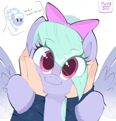 Size: 1052x1102 | Tagged: safe, artist:aceslingerexo, imported from derpibooru, cloudchaser, flitter, human, pegasus, pony, blushing, bow, cute, eye clipping through hair, eyebrows, eyebrows visible through hair, female, flitterbetes, hair bow, human on pony petting, looking at you, male, male pov, mare, offscreen character, offscreen male, petting, pov, simple background, smiling, smiling at you, solo focus, squishy cheeks, weapons-grade cute, white background