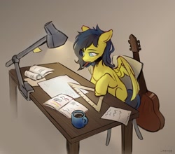 Size: 2082x1828 | Tagged: safe, artist:laymy, imported from derpibooru, oc, oc only, pegasus, pony, book, chair, desk lamp, guitar, musical instrument, pencil in mouth, ruler, solo, table