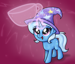 Size: 2502x2118 | Tagged: safe, artist:background basset, imported from derpibooru, trixie, pony, unicorn, big eyes, clothes, cup, cute, diatrixes, female, hat, magic, open mouth, simple background, solo, teacup, that pony sure does love teacups, trixie's hat