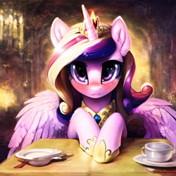 Size: 2560x2560 | Tagged: safe, imported from derpibooru, princess cadance, alicorn, pony, abstract background, ai content, ai generated, cute, female, generator:novelai, generator:stable diffusion, high res, horn, indoors, jewelry, looking at you, mare, prompter:endless--, regalia, sitting, smiling, smiling at you, solo, spread wings, table, tiara, wings