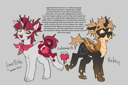 Size: 1280x848 | Tagged: safe, artist:jiang-she, imported from derpibooru, changeling, pony, unicorn, bandana, brown changeling, clothes, disguise, disguised changeling, gray background, himiko toga, my hero academia, ponified, simple background, text
