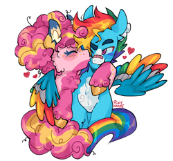 Size: 1280x1191 | Tagged: safe, artist:jiang-she, imported from derpibooru, pinkie pie, rainbow dash, earth pony, pegasus, pony, alternate design, bandaid, bandaid on nose, cheek kiss, coat markings, colored wings, duo, female, heart, hug, kissing, lesbian, multicolored wings, pinkiedash, rainbow wings, shipping, simple background, white background, winghug, wings