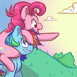 Size: 1280x1280 | Tagged: safe, artist:smirk, imported from derpibooru, pinkie pie, rainbow dash, earth pony, pegasus, pony, duo, piggyback ride, pointing, smiling, sunset