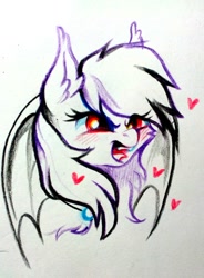 Size: 1046x1423 | Tagged: artist needed, safe, imported from derpibooru, oc, oc:pestyskillengton, bat pony, pony, bat wings, collar, female, mare, sketch, solo, traditional art, wings