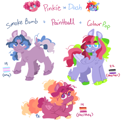 Size: 1280x1280 | Tagged: safe, artist:jiang-she, imported from derpibooru, oc, oc:colour pop, oc:paintball, oc:smoke bomb, earth pony, pegasus, pony, asexual, asexual pride flag, earth pony oc, lesbian pride flag, magical lesbian spawn, offspring, parent:pinkie pie, parent:rainbow dash, parents:pinkiedash, pegasus oc, pride, pride flag, pronouns, simple background, transgender, transgender pride flag, white background