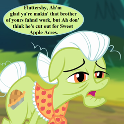Size: 720x720 | Tagged: safe, edit, edited screencap, imported from derpibooru, screencap, granny smith, earth pony, pony, flutter brutter, pinkie apple pie, clothes, cropped, funetik aksent, granny smith's shawl, implied fluttershy, implied zephyr breeze, offscreen character, scarf, solo, speech bubble