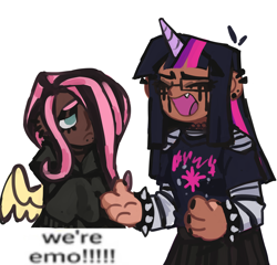 Size: 1280x1230 | Tagged: safe, artist:jiang-she, imported from derpibooru, fluttershy, twilight sparkle, human, black nail polish, choker, clothes, dark skin, duo, dyed hair, ear piercing, earring, emo, eyeshadow, hoodie, horn, horned humanization, humanized, jewelry, makeup, mascara, meme, piercing, simple background, spiked wristband, we're emo, white background, winged humanization, wings, wristband