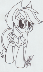 Size: 940x1545 | Tagged: safe, artist:rhythm-is-best-pony, imported from derpibooru, applejack, earth pony, pony, lineart, monochrome, smiling, solo, traditional art