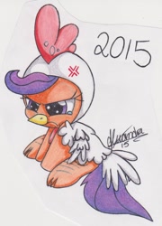 Size: 1001x1389 | Tagged: safe, artist:rhythm-is-best-pony, imported from derpibooru, scootaloo, pegasus, pony, animal costume, chicken suit, clothes, costume, cross-popping veins, emanata, scootachicken, scootaloo is not amused, solo, traditional art, unamused