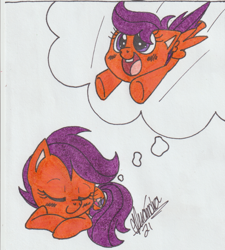 Size: 1445x1604 | Tagged: safe, artist:rhythm-is-best-pony, imported from derpibooru, scootaloo, pegasus, pony, cute, cutealoo, dream, flying, open mouth, open smile, sleeping, smiling, solo, thought bubble, traditional art