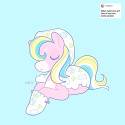 Size: 1440x1440 | Tagged: safe, artist:umbrellascribbles, imported from derpibooru, pillow talk (g1), pony, blue background, cyan background, g1, lying down, prone, simple background, solo