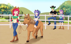 Size: 1125x700 | Tagged: safe, artist:riouku, imported from derpibooru, apple bloom, princess flurry heart, spike, sweetie belle, cow, horse, human, apple, apple tree, belt, boots, cellphone, clothes, commission, cow belle, cowboy boots, cowboy hat, cowgirl, cowgirl outfit, denim, female, fence, hat, humanized, jeans, male, older, older apple bloom, older flurry heart, older spike, older sweetie belle, pants, phone, riding, shipping, shoes, skirt, southern, species swap, spikebelle, stetson, straight, sweet apple acres, tree, uncle spike, western