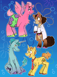 Size: 1513x2048 | Tagged: safe, artist:umbrellascribbles, imported from derpibooru, earth pony, pegasus, pony, unicorn, clothes, gradient background, lab coat, patrick star, ponified, sandy cheeks, spongebob squarepants, squidward tentacles