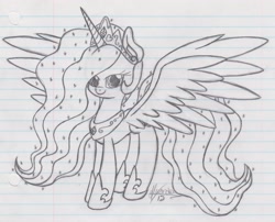 Size: 2169x1753 | Tagged: safe, artist:rhythm-is-best-pony, imported from derpibooru, princess celestia, alicorn, pony, lineart, lined paper, monochrome, solo, spread wings, wings