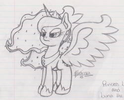 Size: 1788x1447 | Tagged: safe, artist:rhythm-is-best-pony, imported from derpibooru, princess luna, alicorn, pony, lidded eyes, lined paper, monochrome, sketch, solo