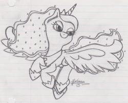 Size: 1639x1323 | Tagged: safe, artist:rhythm-is-best-pony, imported from derpibooru, princess luna, alicorn, pony, flying, lined paper, monochrome, sketch, solo