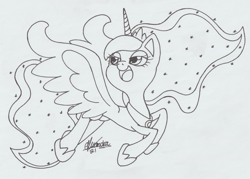 Size: 2901x2074 | Tagged: safe, artist:rhythm-is-best-pony, imported from derpibooru, princess luna, alicorn, pony, lidded eyes, lineart, monochrome, open mouth, open smile, smiling, solo, spread wings, wings