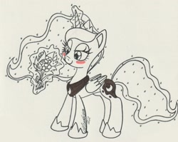 Size: 2288x1822 | Tagged: safe, artist:rhythm-is-best-pony, imported from derpibooru, princess luna, alicorn, pony, blushing, bouquet of flowers, flower, inktober, inktober 2022, lidded eyes, looking at something, magic, partial color, solo, telekinesis, traditional art