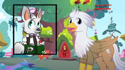 Size: 1280x720 | Tagged: safe, artist:mlp-silver-quill, imported from derpibooru, fluttershy, oc, oc:dr. wolf, oc:silver quill, hippogriff, wolf, after the fact, after the fact:testing testing 1 2 3, book, clothes, cropped layer, golden oaks library, inset, ponyville, suit