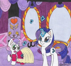 Size: 1147x1230 | Tagged: safe, artist:rhythm-is-best-pony, imported from derpibooru, rarity, sweetie belle, pony, unicorn, carousel boutique, clothes, duo, gem, magic, smiling, telekinesis, traditional art