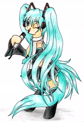 Size: 1973x2874 | Tagged: safe, artist:40kponyguy, derpibooru exclusive, imported from derpibooru, earth pony, pony, anime, bipedal, clothes, cute, hatsune miku, headphones, hoof hold, leggings, looking at you, microphone, necktie, one eye closed, pigtails, pleated skirt, ponified, simple background, skirt, solo, traditional art, twintails, vocaloid, white background