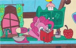 Size: 2547x1597 | Tagged: safe, artist:rhythm-is-best-pony, imported from derpibooru, pinkie pie, earth pony, pony, baking, book, bowl, commission, kitchen, mixer, solo, traditional art