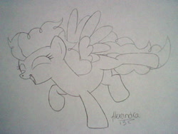 Size: 640x480 | Tagged: safe, artist:rhythm-is-best-pony, imported from derpibooru, high winds, pegasus, pony, ^^, eyes closed, lineart, monochrome, old art, open mouth, open smile, smiling, solo, spread wings, traditional art, wings