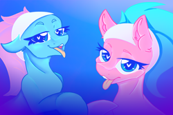 Size: 3000x2000 | Tagged: safe, artist:dankpegasista, derpibooru exclusive, imported from derpibooru, aloe, lotus blossom, earth pony, pony, bedroom eyes, big eyes, blue eyes, blue hair, bust, colored lineart, duo, duo female, ear fluff, ears back, ears up, eyebrows, female, floppy ears, gradient background, gradient mane, headband, heart, heart eyes, highlights, long eyelashes, looking at you, mare, messy mane, mlem, nostrils, open mouth, pink fur, png, portrait, shading, siblings, silly, sisters, smiling, smiling at you, spa twins, sternocleidomastoid, teeth, tongue out, twins, wall of tags, wingding eyes