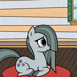 Size: 1800x1800 | Tagged: safe, artist:scandianon, imported from twibooru, marble pie, earth pony, pony, female, gray coat, gray mane, gray tail, image, indoors, looking forward, lying down, mare, png, purple eyes, rug, side view, smiling, solo, two toned mane, two toned tail, window