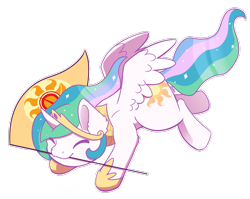 Size: 2763x2203 | Tagged: safe, artist:backgroundpony#f352, imported from derpibooru, princess celestia, alicorn, pony, clothes, commission, crown, cute, description is relevant, eyes closed, female, flag, horn, jewelry, mare, object in mouth, regalia, shoes, simple background, solar empire, solo, spread wings, transparent background, wings, ych example, your character here