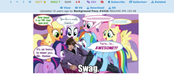 Size: 1133x483 | Tagged: safe, edit, imported from derpibooru, applejack, fluttershy, pinkie pie, rainbow dash, rarity, twilight sparkle, earth pony, human, pegasus, pony, unicorn, derpibooru, fake, faker than a three dollar bill, irl, irl human, justin bieber, meta, photo, text, wat