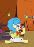 Size: 119x164 | Tagged: safe, imported from derpibooru, screencap, earth pony, pony, appleoosa's most wanted, season 5, afro, appleloosa resident, background character, background pony, bowtie, butt, clothes, clown, clown makeup, clown nose, juggling, makeup, male, pants, picture for breezies, red nose, rodeo clown, stallion, topspin